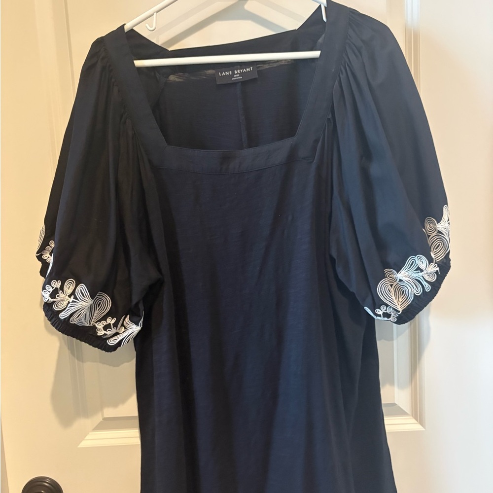 Lane Bryant Navy Blouse with White Embroidery